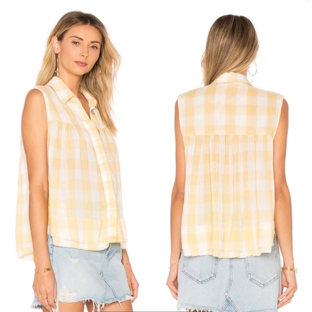 Free People Hey There Sunrise Yellow Button Front Shirt XS